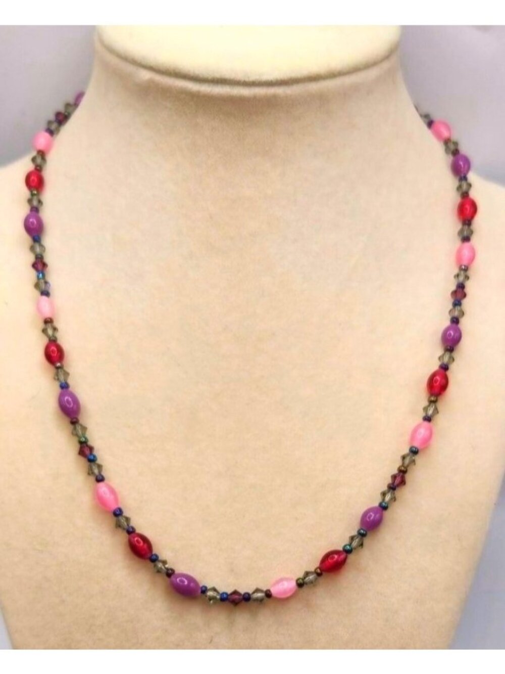 Pink, Purple, Black Beaded Necklace - 16"